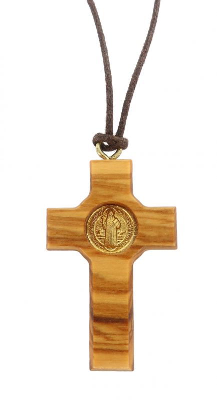 croce san benedetto in ulivo e metallo dorato con laccio