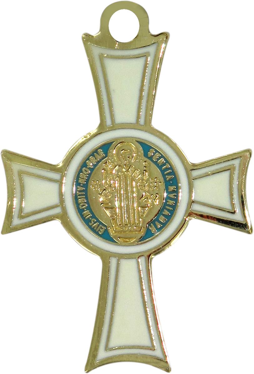 croce san benedetto coniata con bagno d'oro 24 kt con smalto bianco - 2,6 cm