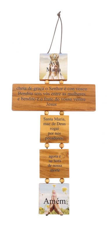 croce ave maria in ulivo con immagini serigrafate madonna di fatima cm 19,5 in portoghese