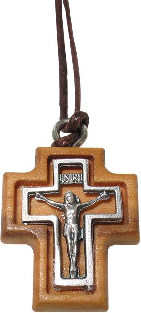 croce in legno ulivo con cristo in metallo e laccio -  3,2 cm