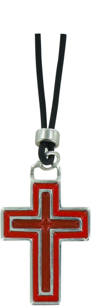croce in metallo nichelato con smalto rosso e laccio - 3,8 cm