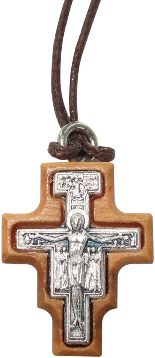 croce san damiano in metallo ossidato su legno ulivo con cordone - 3 x 2 cm