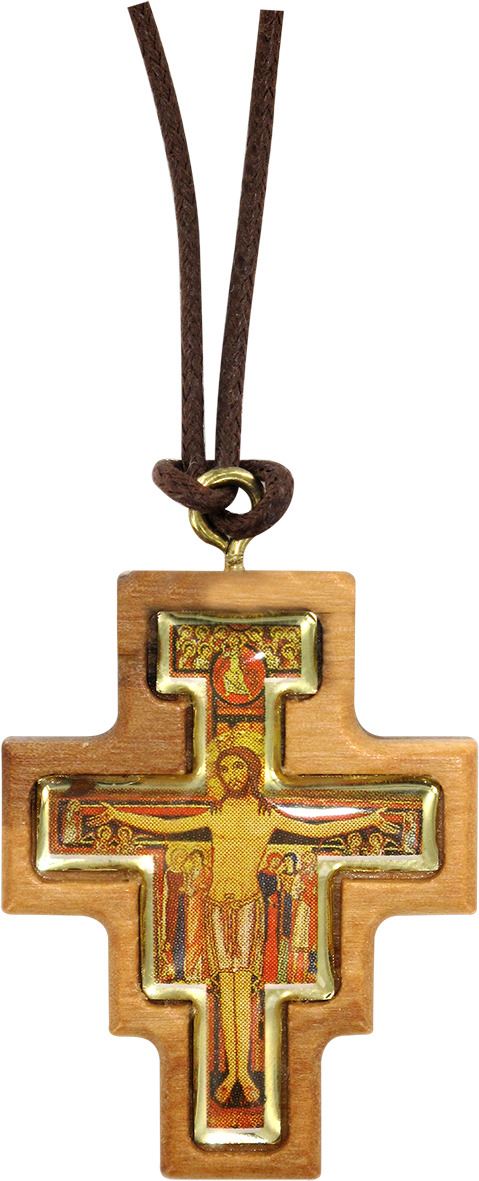 croce san damiano in ulivo con adesivo resinato e cordoncino - 4 x 3 cm