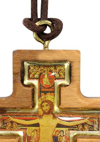 croce san damiano in ulivo con adesivo resinato e cordoncino - 4 x 3 cm