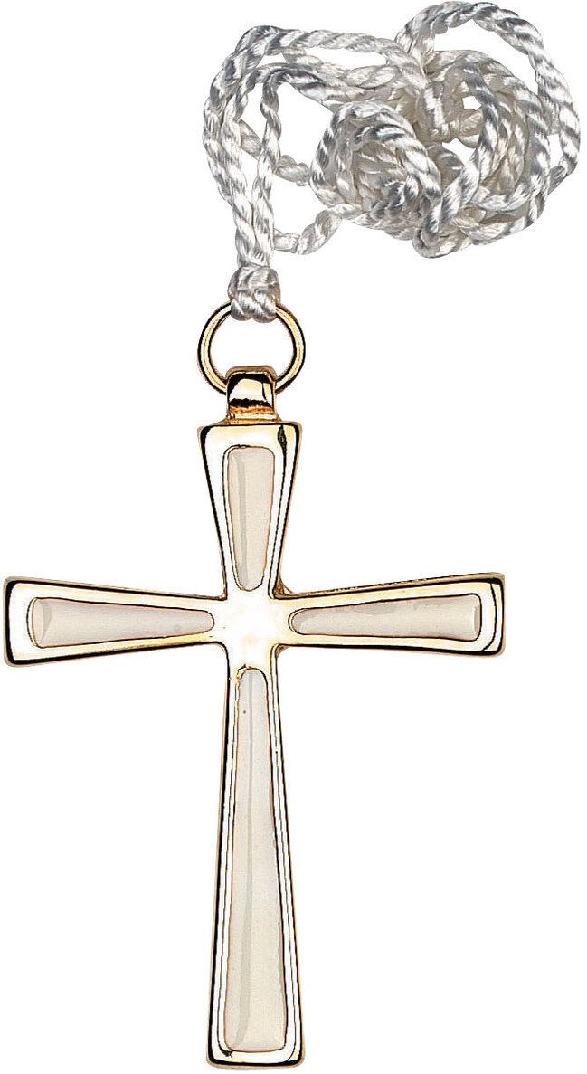 croce in metallo dorato con smalto bianco e cordoncino bianco - 7 cm