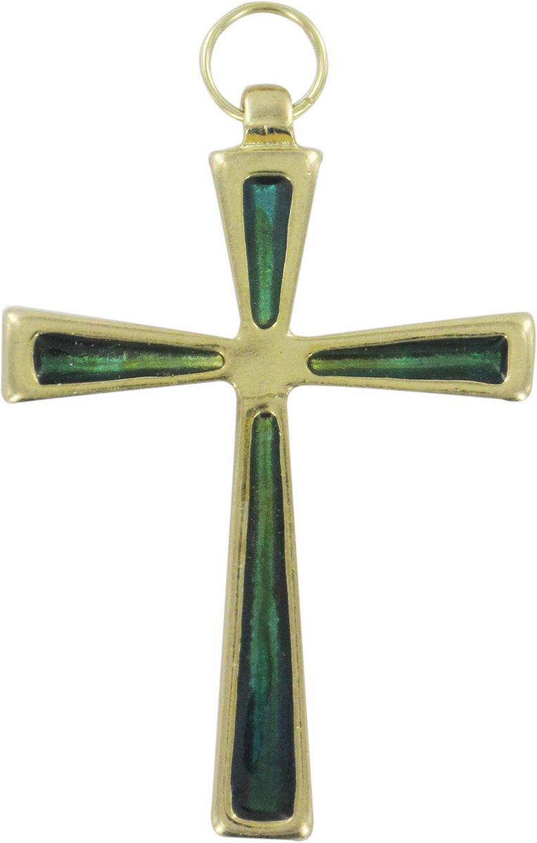 croce in metallo dorato con smalto verde - 7 cm