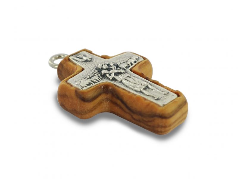 croce papa francesco  in metallo su legno ulivo cm 3 con laccio