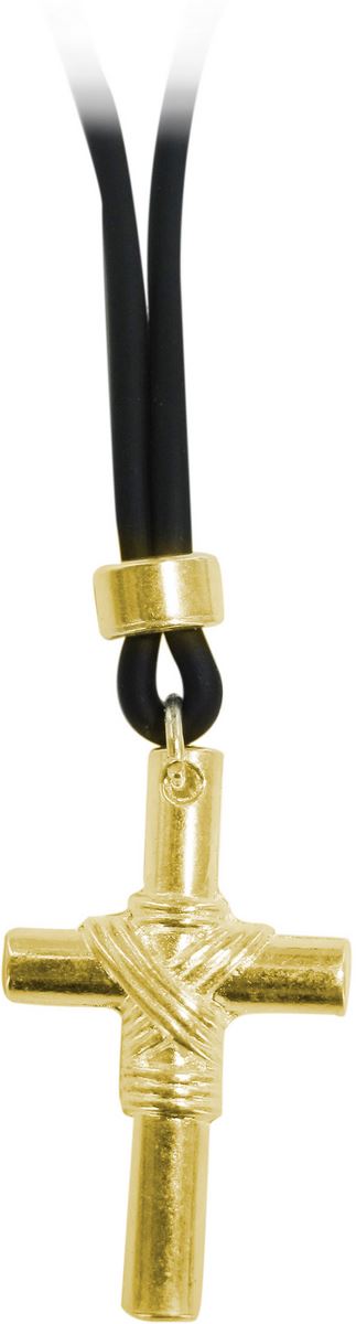 croce in metallo dorato con cordoncino in caucciu - 3 cm