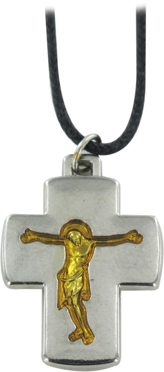 croce in metallo argentato con incisione dorata (con laccio) - 2,5 cm