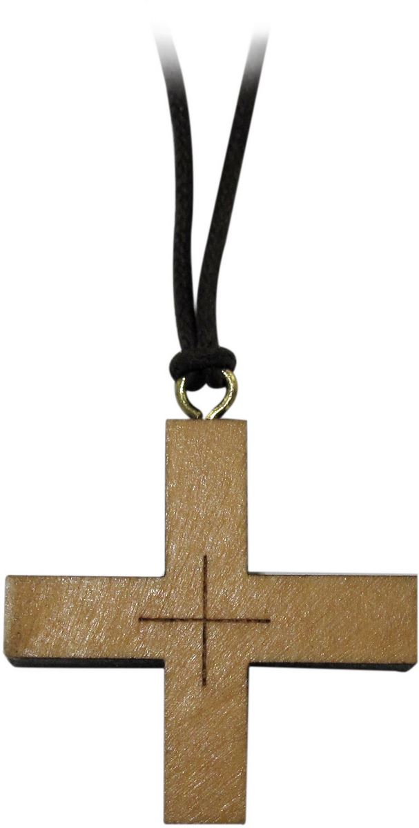 croce in ulivo con incisione e cordone - 3 x 3 cm