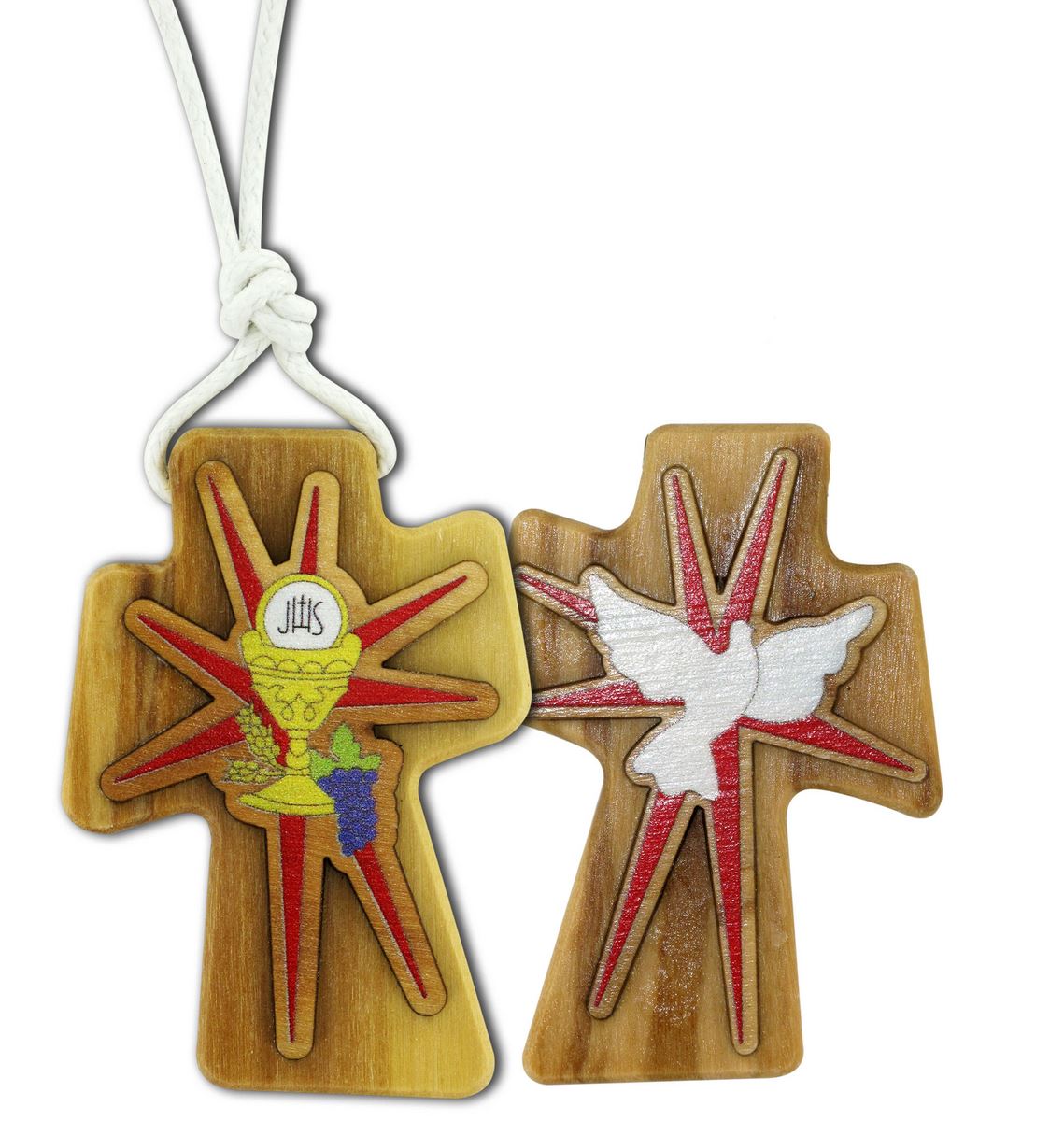 bomboniera comunione: croce in legno d'ulivo con i simboli della cresima e comunione - 4,7 cm