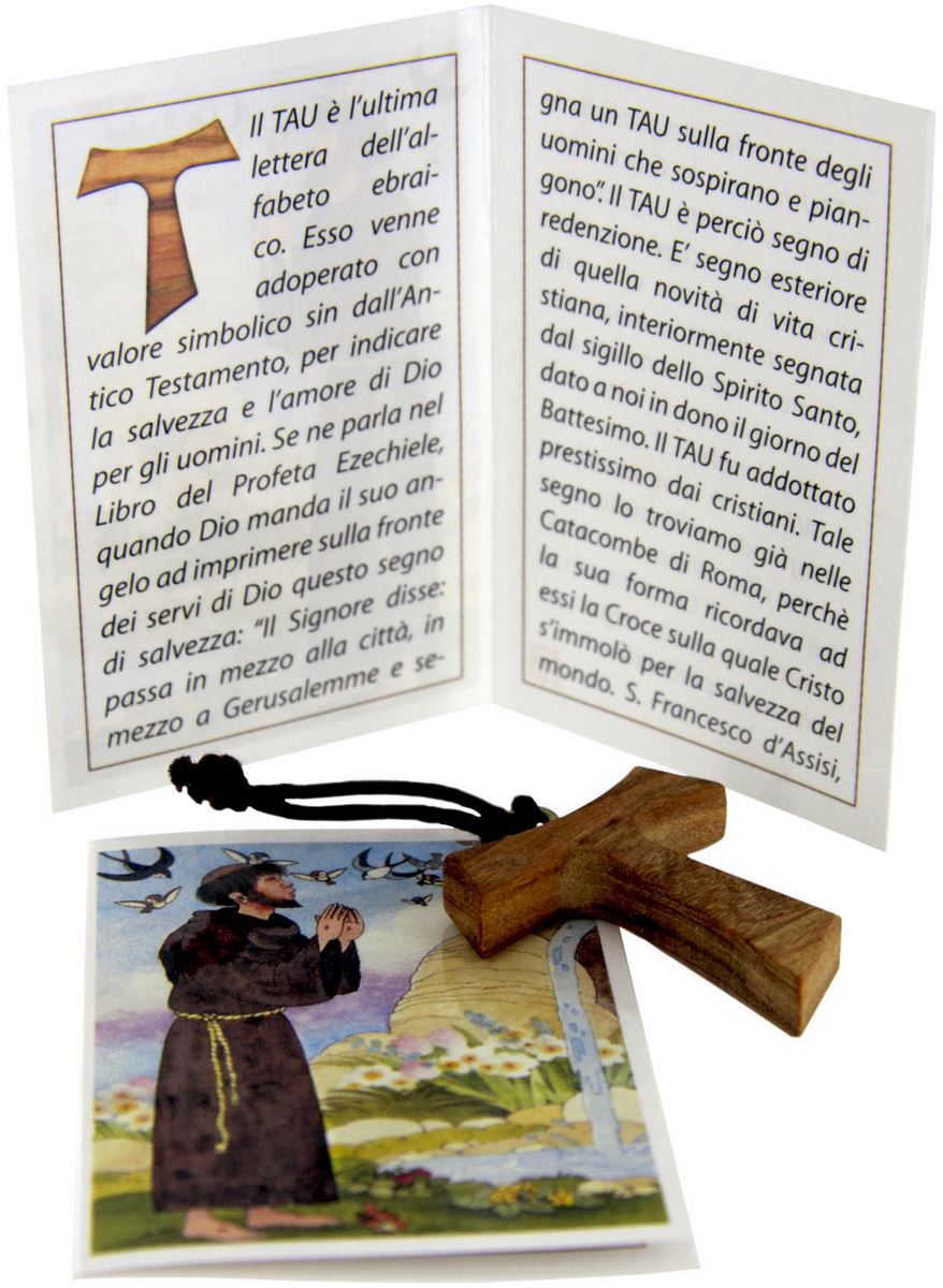 tau in legno di ulivo con preghiera (croce di san francesco d'assisi) - 4 cm