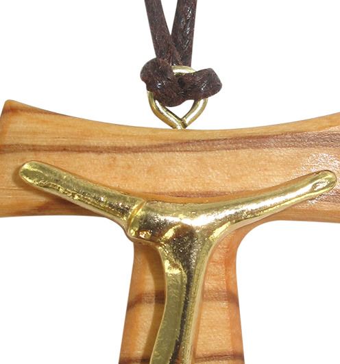 tau in legno di ulivo con cristo in metallo (croce di san francesco d'assisi) - 5 cm