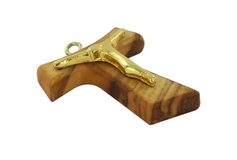 tau in legno di ulivo con cristo in metallo (croce di san francesco d'assisi) - 5 cm