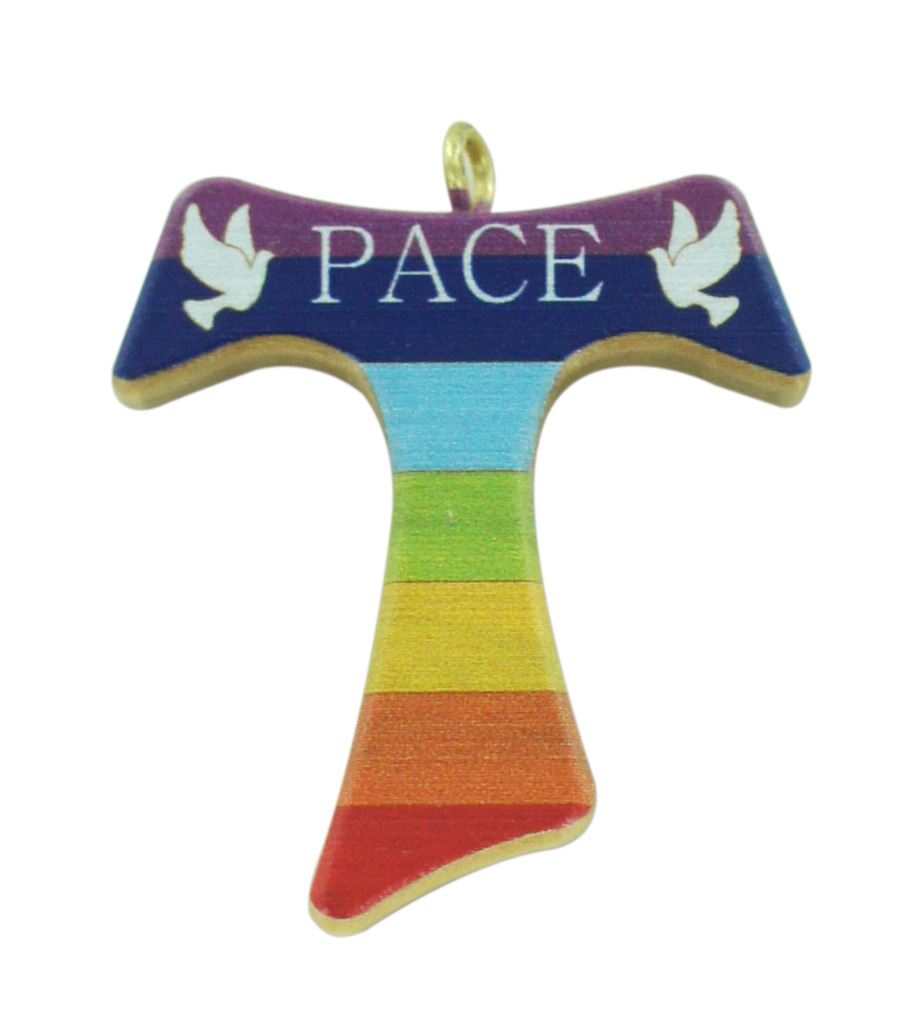 croce tau in legno di ulivo dipinta con colori arcobaleno - 4 cm