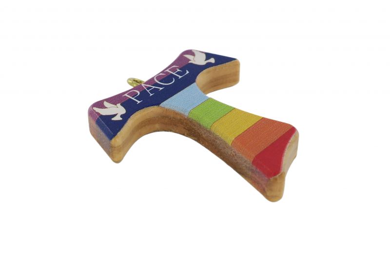 croce tau in legno di ulivo dipinta con colori arcobaleno - 4 cm