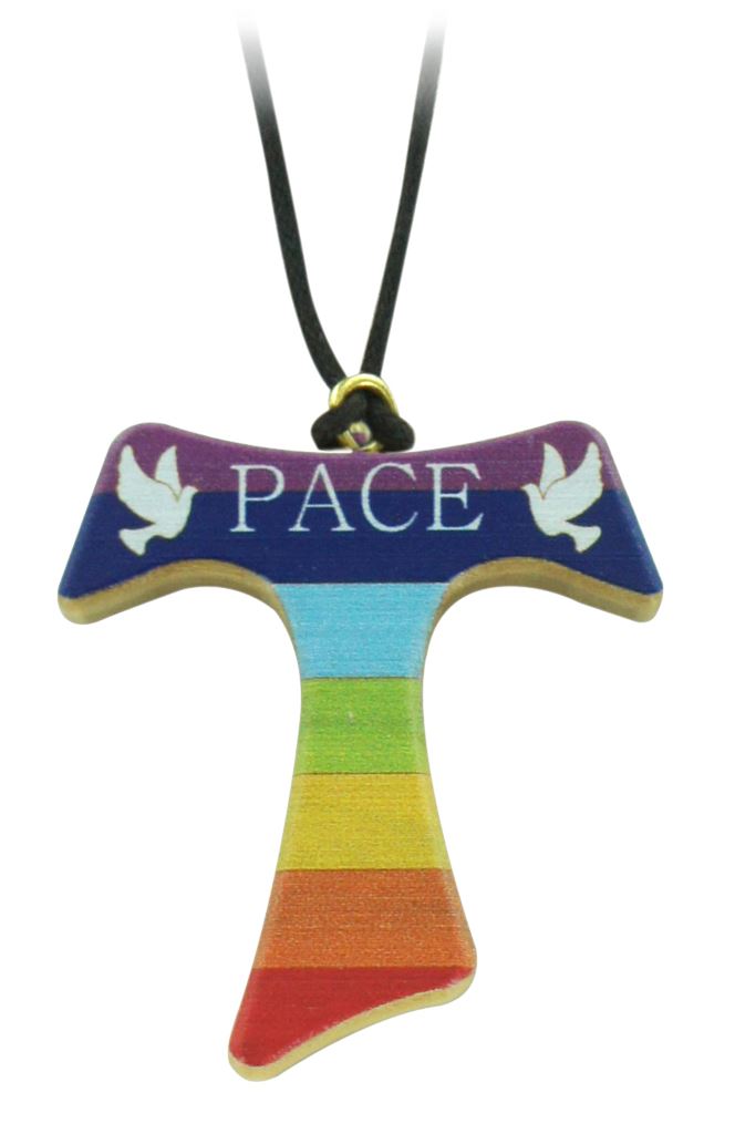 croce tau in legno di ulivo dipinta con i colori arcobaleno e con laccio - 4 cm