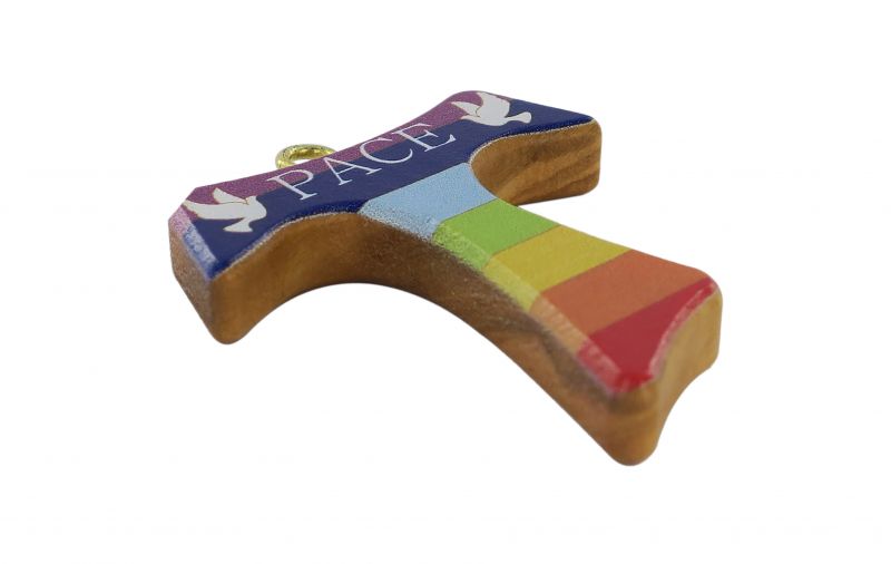 croce tau in legno di ulivo dipinta con i colori arcobaleno e con laccio - 4 cm