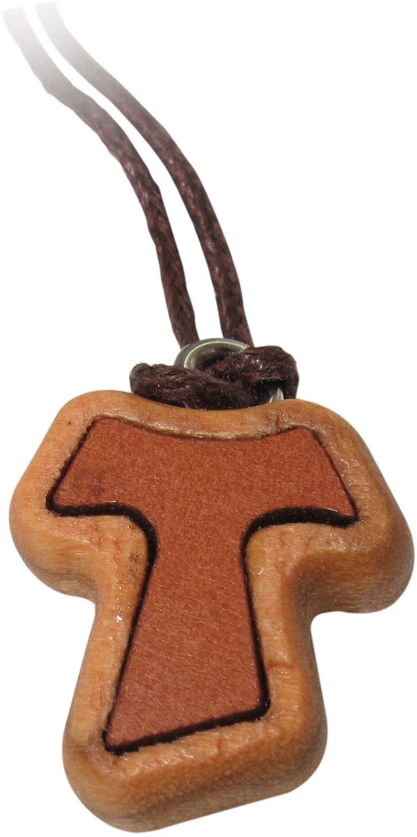 croce tau in legno di ulivo e cuoio con cordoncino (croce di san francesco d'assisi) - 2,5 cm