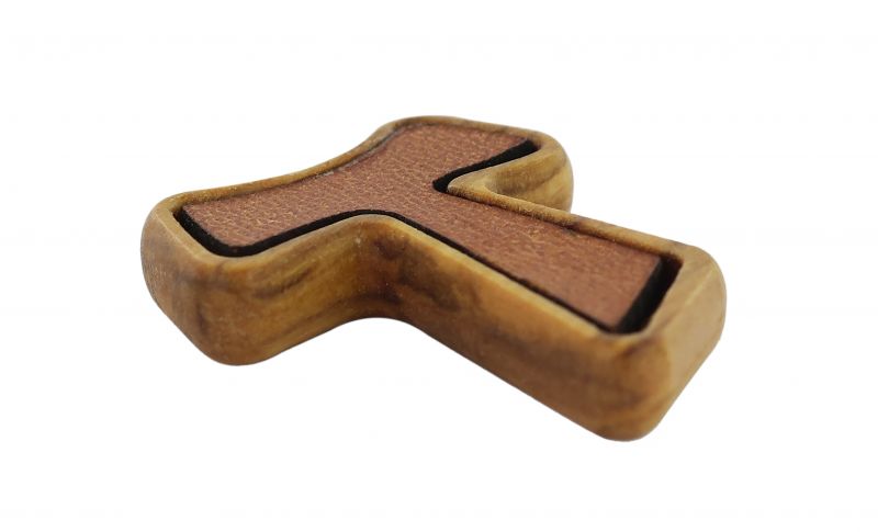 croce tau in legno di ulivo e cuoio con cordoncino (croce di san francesco d'assisi) - 2,5 cm