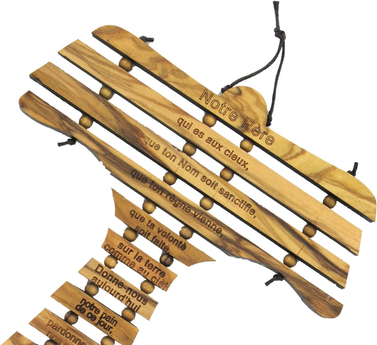 croce tau da parete con preghiera padre nostro in francese, legno d'ulivo, 12,7 x 19 x 0,5 cm