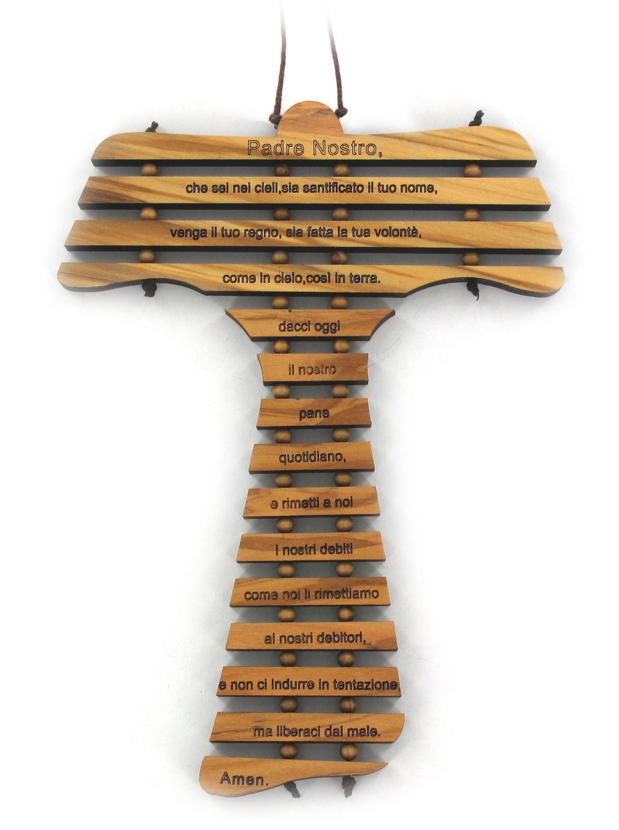 croce tau da parete con nuova versione della preghiera padre nostro in italiano, croce moderna da appendere al muro, alternativa contemporanea al classico crocifisso, legno d'ulivo, 12,7 x 19 x 0,5 cm