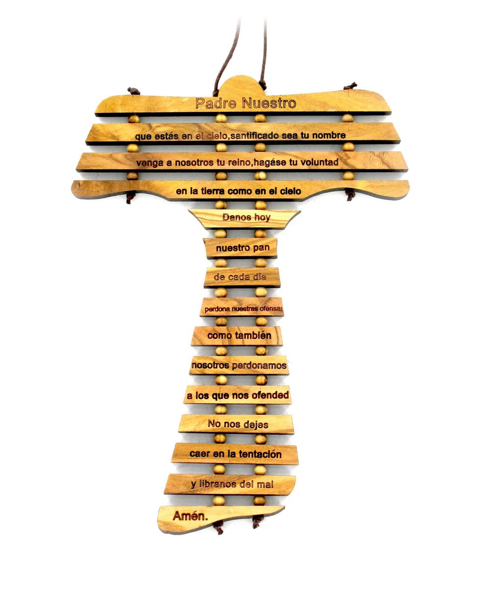 croce tau da parete con preghiera padre nostro in spagnolo, legno d'ulivo, 12,7 x 19 x 0,5 cm