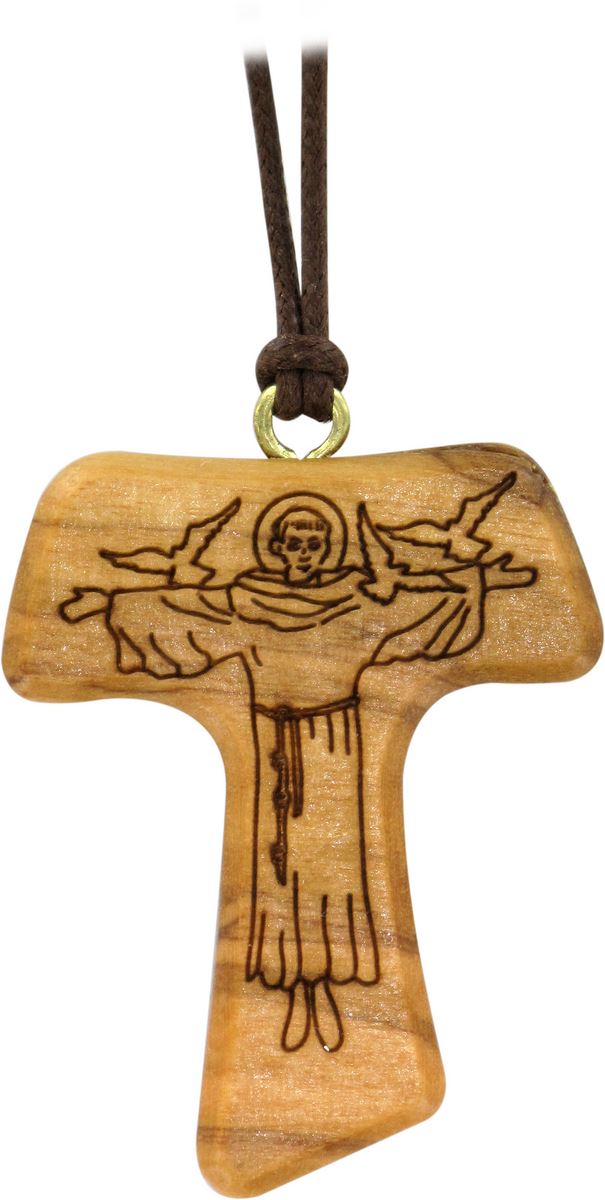 collanina con ciondolo tau, croce tau con san francesco d'assisi inciso, legno d'ulivo e cordoncino, 4 cm