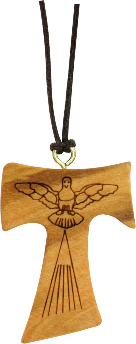 collanina con ciondolo tau, croce tau con simbolo spirito santo inciso, legno d'ulivo e cordoncino, 4 cm
