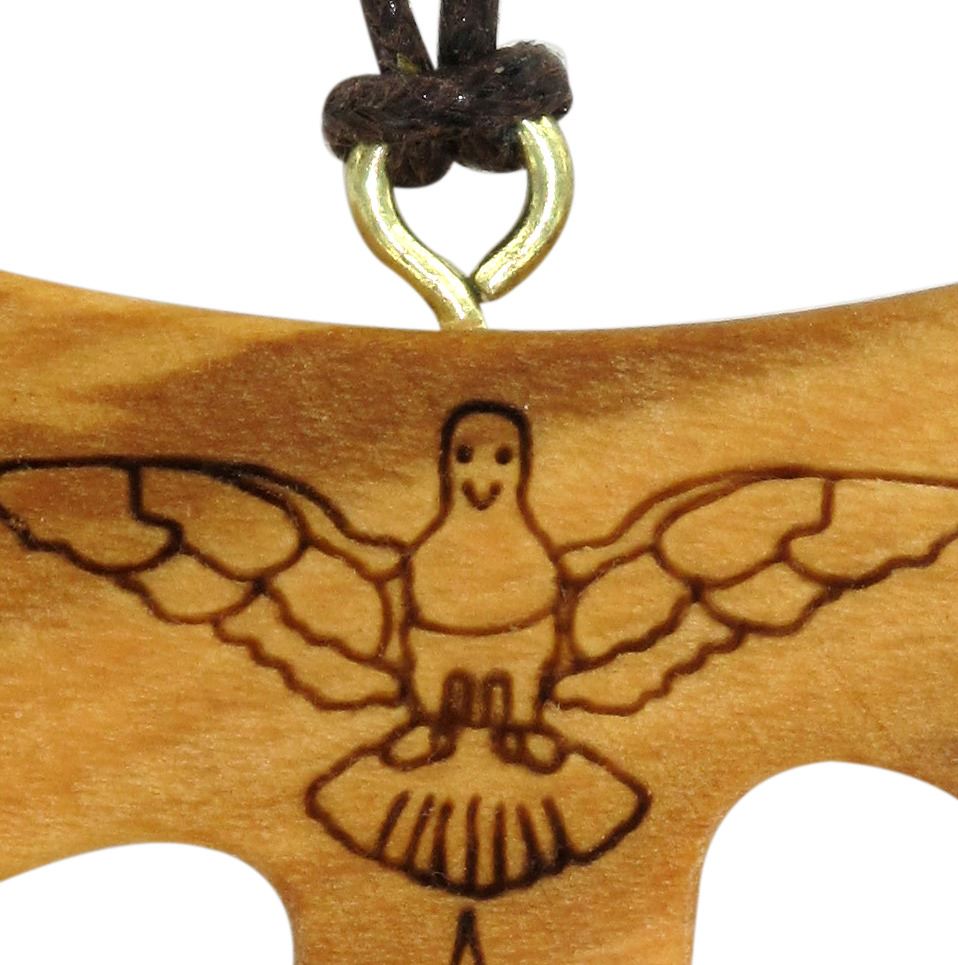 collanina con ciondolo tau, croce tau con simbolo spirito santo inciso, legno d'ulivo e cordoncino, 4 cm