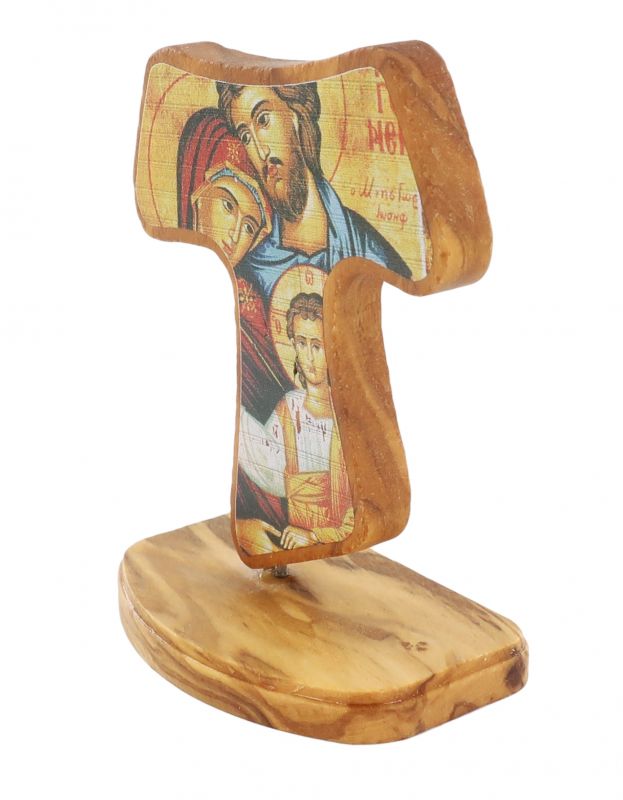croce tau san francesco con base in ulivo cm 8 e immagine della sacra famiglia