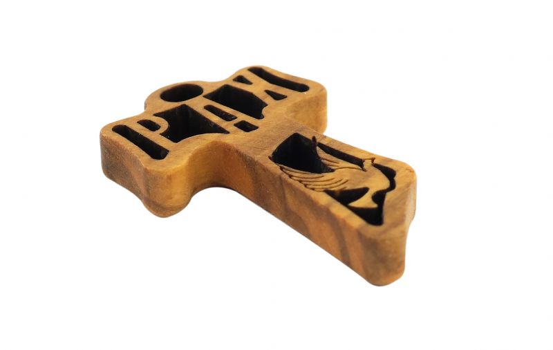 croce tau in legno di ulivo traforata con i simboli della cresima - 4 cm