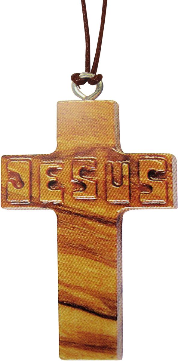 croce in ulivo con scritta jesus in rilievo e cordoncino marrone - 4,5 cm 