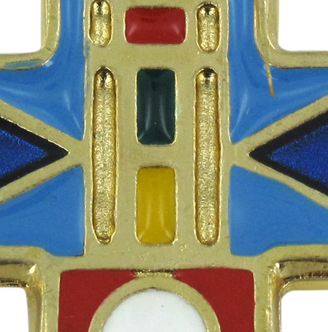 croce in metallo dorato e smalto blu con cordoncino 