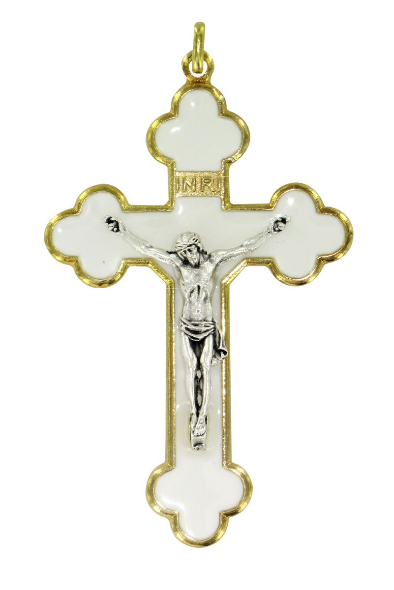 croce in metallo dorato con smalto bianco e cristo riportato - 8 cm