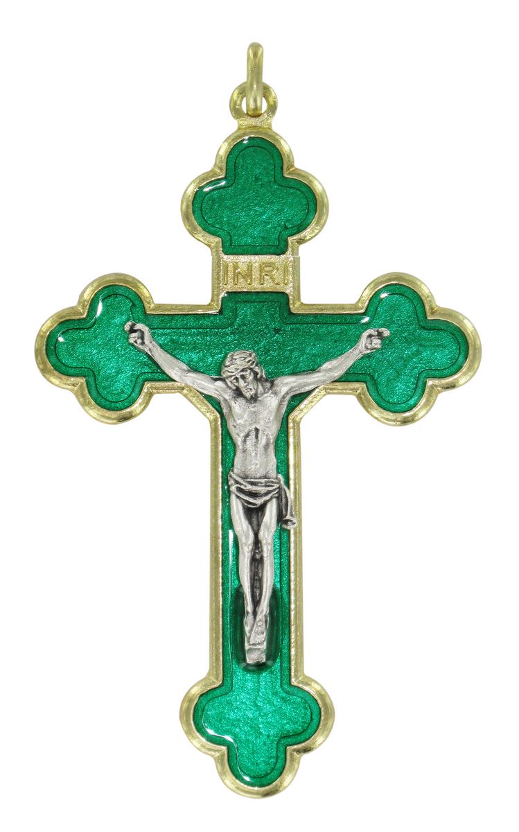 croce in metallo dorato con smalto verde e cristo riportato - 8 cm
