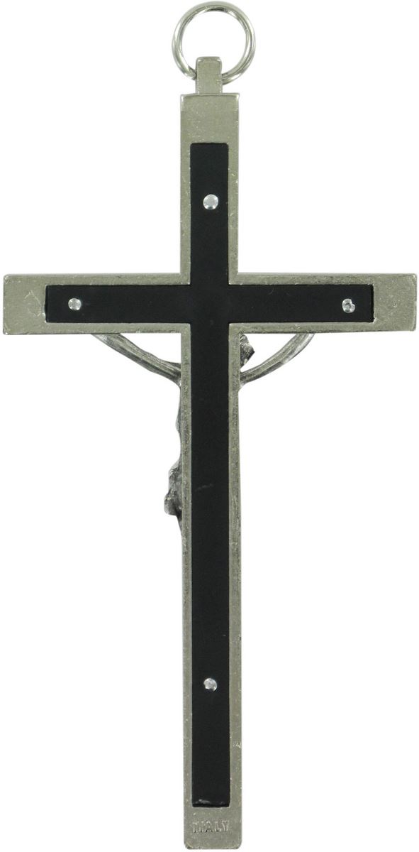 crocifisso da parete in metallo nichelato con intarsio nero - 7,5 x 4 cm