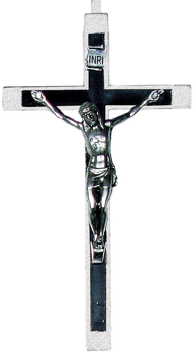 croce in metallo nichelato con intarsio nero - 14 cm