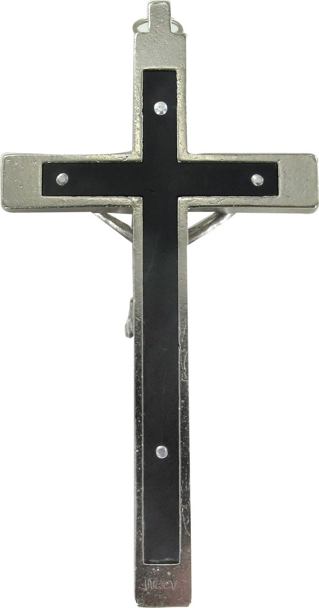 croce in metallo nichelato con intarsio nero - 14 cm