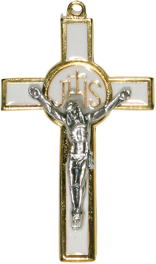croce in metallo dorato con smalto bianco e cristo argentato - 7,5 cm