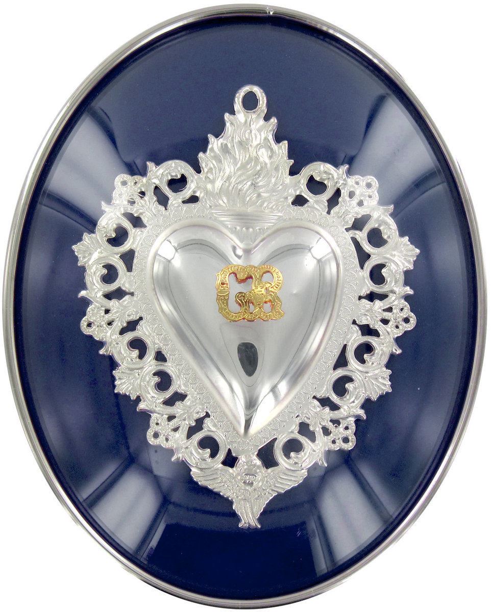 cuore votivo, ex voto da appendere in chiese, santuari, cappellette, cuore votivo per grazia ricevuta da madonna/santi/gesù, metallo, ovale, blu, 12 x 9 cm