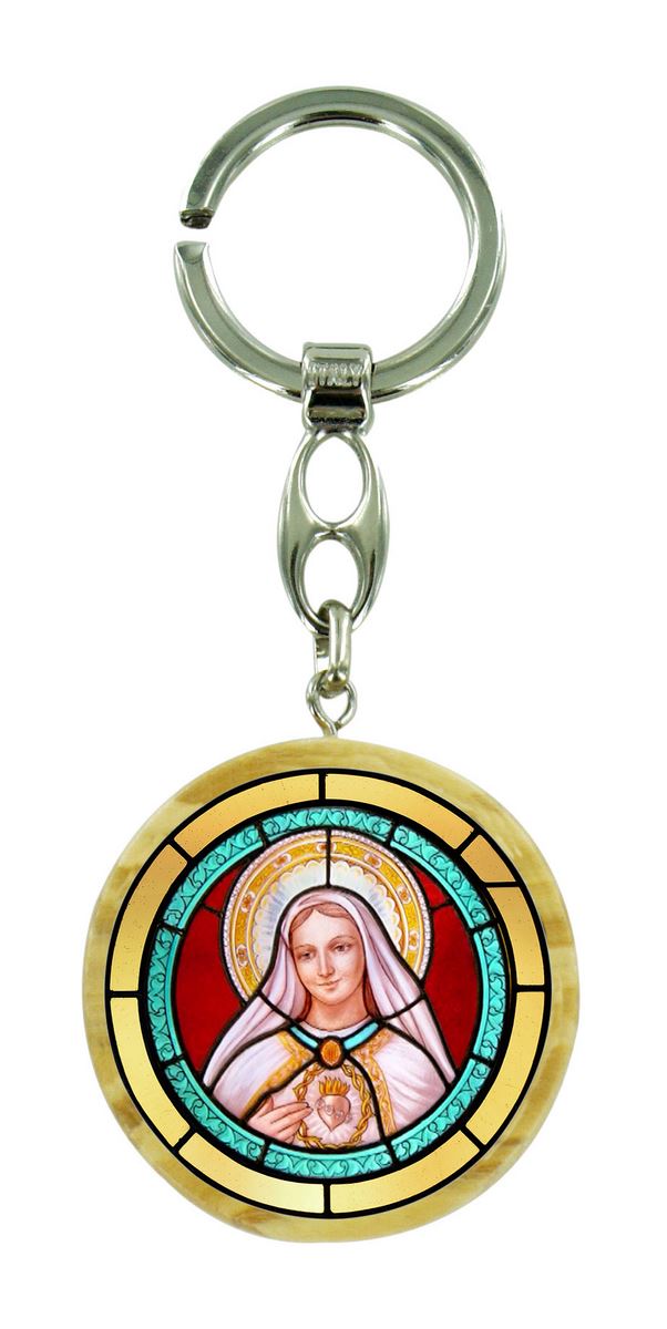 portachiavi madonna di frechou in legno di ulivo con immagine serigrafata - 4 cm