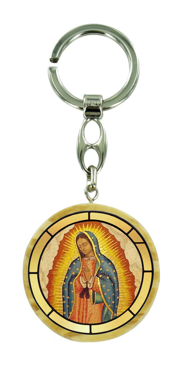 portachiavi madonna di guadalupe in legno ulivo con immagine serigrafata - 4 cm