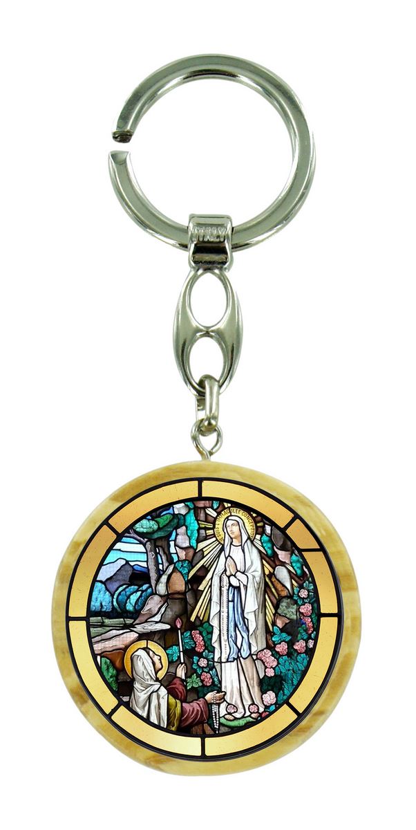 portachiavi madonna di lourdes in legno ulivo con immagine serigrafata - 4 cm