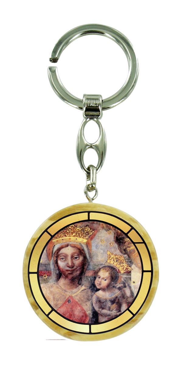 portachiavi madonna dell arco in legno ulivo con immagine serigrafata - 4 cm