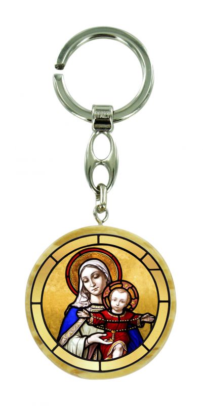 portachiavi maria con gesù bambino in legno ulivo con immagine serigrafata - 4 cm