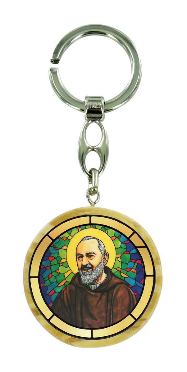 portachiavi san pio in legno ulivo con immagine serigrafata - 4 cm