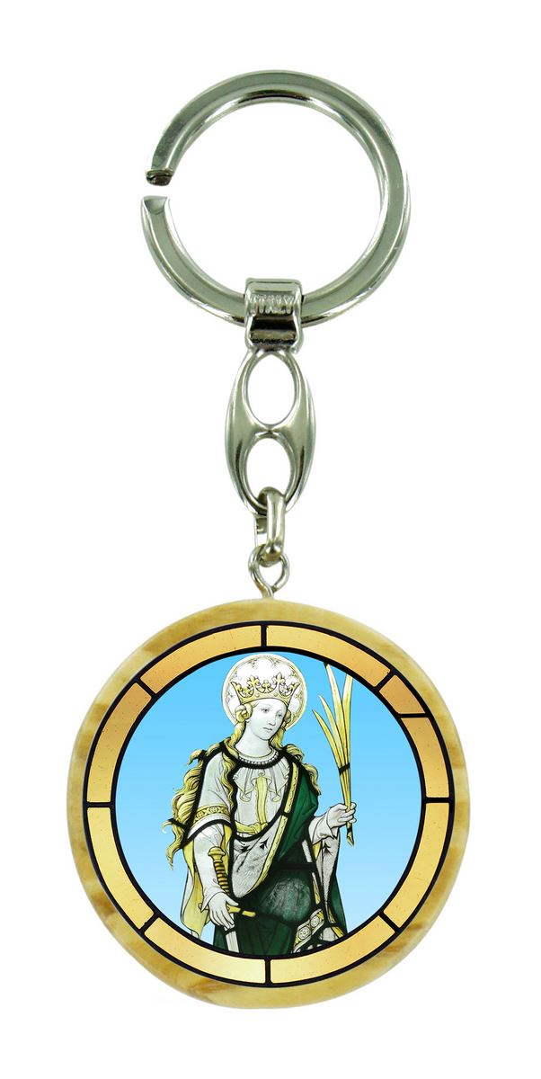 portachiavi saint winefride in legno ulivo con immagine serigrafata - 4 cm