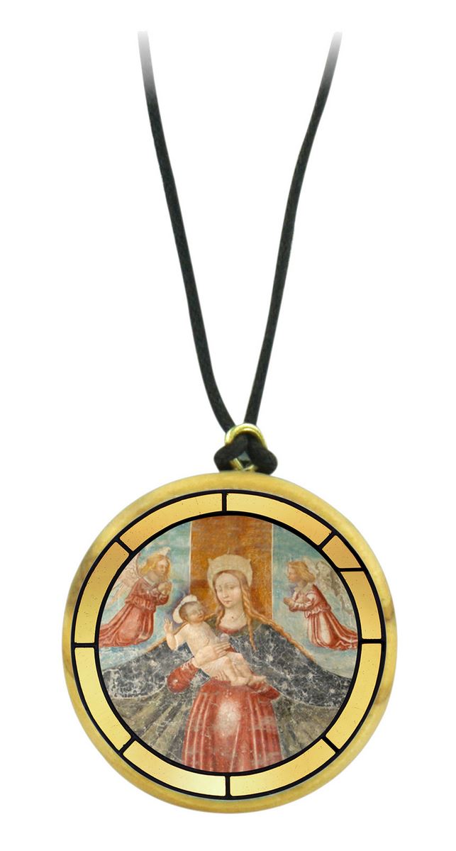 ciondolo madonna della certosa di pesio in legno ulivo con immagine serigrafata - 3,5 cm