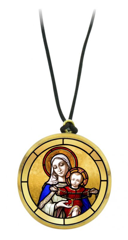 ciondolo maria con gesù bambino in legno ulivo con immagine serigrafata - 3,5 cm